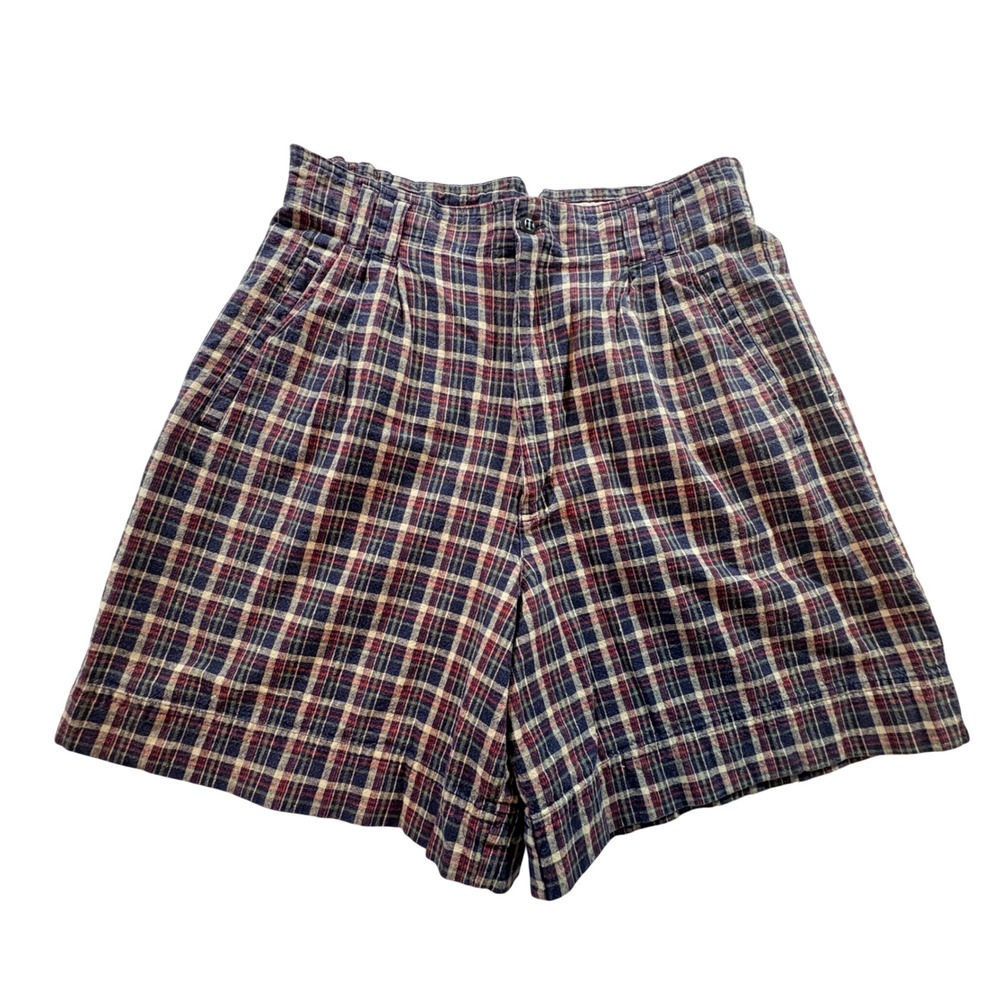 Milano Design Group Plaid Shorts Womens 10 Blue Linen Blend High Waist Pleated